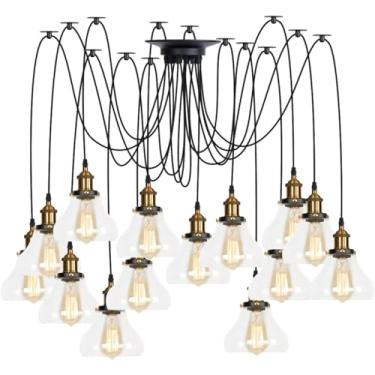 Imagem de Luminária pendente ajustável múltipla DIY teto aranha lâmpada, latão V-intage industrial vidro transparente sombra lustre pendurado iluminação, decoração moderna