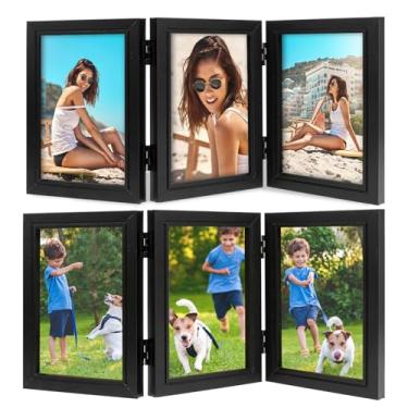 Imagem de HGQiviut Três porta-retratos de 10 x 15 cm, moldura de madeira articulada para 3 fotos com 3 aberturas, molduras dobráveis de 180° com acrílico (preto, pacote com 2)