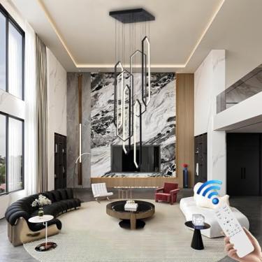 Imagem de Lustre moderno de LED com formato geométrico regulável em alumínio para mesa de jantar, luminária pendente com altura ajustável para sala de estar, vila, hotel e quarto.