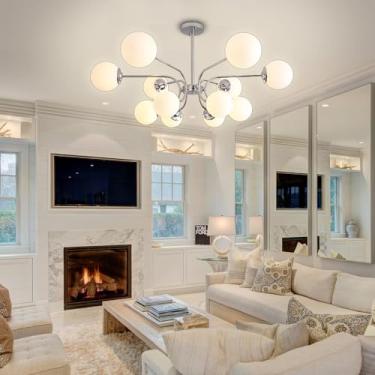 Imagem de Lustre Sputnik de 12 luzes, luminária pendente moderna com cúpula de vidro branco opala de 15 cm para teto plano e inclinado, altura ajustável para cozinha, sala de estar, sala de jantar, qu