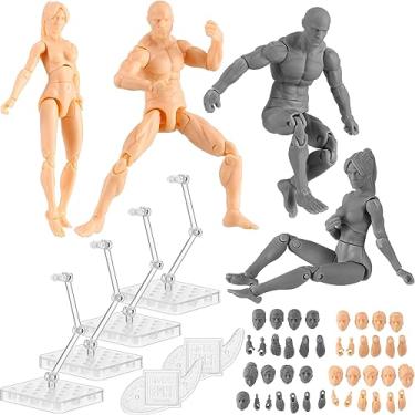 Imagem de Wettarn 4 conjuntos de figuras de ação modelo de desenho de corpo figuras de ação de PVC manequim articulado pintura desenho para modelo de corpo artista decoração coleção presentes masculino feminino tom de pele cinza