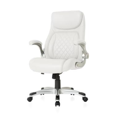 Imagem de Nouhaus +Cadeira de escritório ergonômica de couro PU Posture. Suporte lombar Click5 com apoios de braço FlipFit. Cadeira executiva moderna e cadeira de mesa de computador (branca)