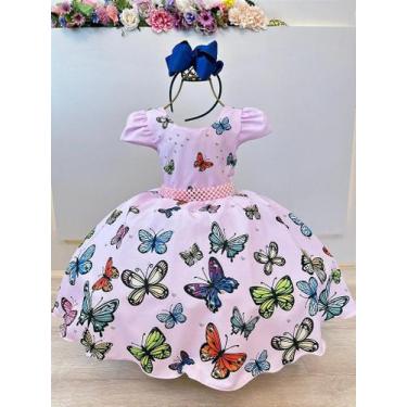Imagem de Vestido Infantil Jardim das Borboletas Rosa Luxo com Cinto - Tamanhos 