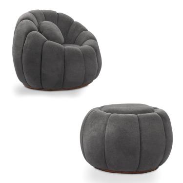 Imagem de Poltrona Decorativa Orgânica Giratória com Puff Cloud Bouclê Cinza Escuro E03 - D'Rossi