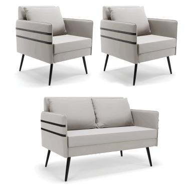 Imagem de Kit 01 Namoradeira 02 Lugares e 02 Poltronas Mari Veludo Cinza Pés Palito de Ferro - D'Rossi