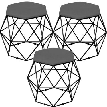 Imagem de Kit 03 Puffs Decorativo Aramado Preto Six L02 Suede Cinza - Lyam Decor