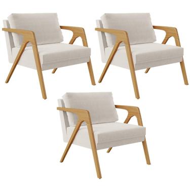 Imagem de Kit 03 Poltronas Decorativas Para Sala Estar Pietra Estrutura De Madeira L02 Linho Cru - Lyam Decor