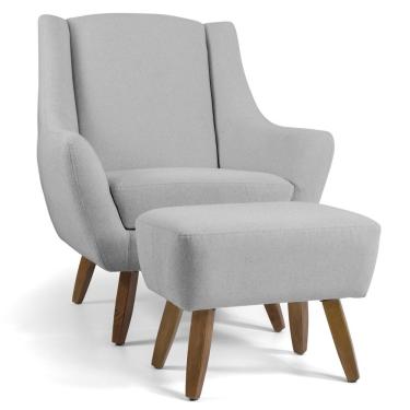 Imagem de Poltrona Decorativa Fixa com Puff Pés de Madeira Juliet D02 Linho Cru D-316 - Lyam Decor