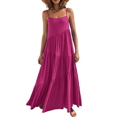 Imagem de ANRABESS Vestido feminino de verão casual solto sem mangas alças finas boho linho praia férias maxi vestido longo, rosa, M