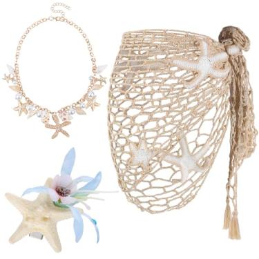 Imagem de Chicingyou 3 peças fantasia de sereia de Halloween feminina saia de crochê sarongue colar de cobertura de cabelo estrela do mar flor grampos de cabelo concha colar de pérola acessórios cosplay
