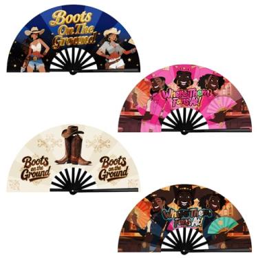 Imagem de Ventoinhas grandes de 33 cm para dança de linha, 4 peças de botas no chão, leque de mão para mulheres, leque de dança de linha para dança, design de silhueta de vaqueira ocidental, ventilador portátil