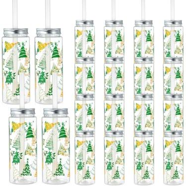 Imagem de Potchen Copo de plástico para árvore de Natal, 24 peças, copos reutilizáveis de Natal de 402 g com tampas e canudos, lata de cerveja, copo de café gelado para adultos, presente de decoração de festa