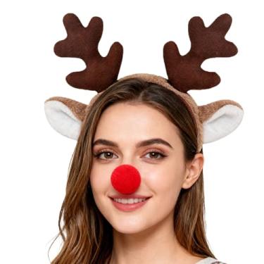 Imagem de LEKTIST Tiara de chifres de rena com nariz vermelho, argola de cabelo de chifres, conjunto de fantasia de nariz vermelho Rudolph, Vermelho/marrom, tamanho �nico