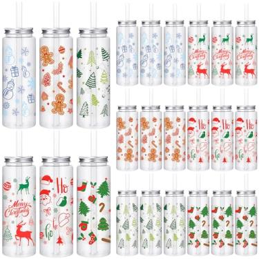Imagem de Kochorie 24 peças de copos de plástico de Natal com tampas e canudos 479 g copo de vidro reutilizável copos transparentes para festas de Natal, copo de café, chá, cacau quente, bebida para