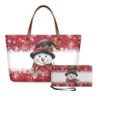 Imagem de Lotusorchid 2 bolsas de mão, bolsa feminina com alça superior, bolsa de ombro, bolsa grande com carteira de poliuretano, Estampa vermelha de boneco de neve de Natal, Large