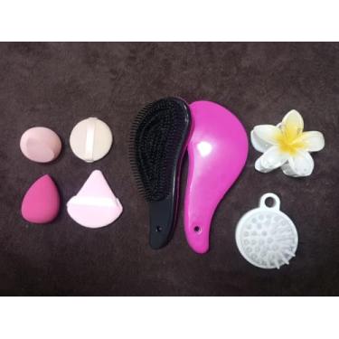 Imagem de Kit Beleza Completo, Escova Mágica Anti-Frizz, Escova Massageadora, Presilha Flor, 4 Esponjas de Maquiagem para Cabelo e Pele, Kit Multifuncional para Cuidados Diários