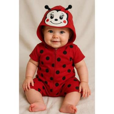 Imagem de Macacão bolinha preta joaninha fantasia bebe infantil com capuz bordad