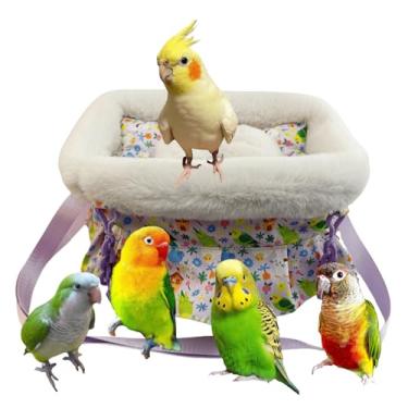 Imagem de Bolsa de transporte de pássaros quente, bolsa de viagem de inverno, bolsa de passeio de papagaio portátil para pardal java branco, periquito, zebra, papagaio do Pacífico, periquito (roxo, médio)