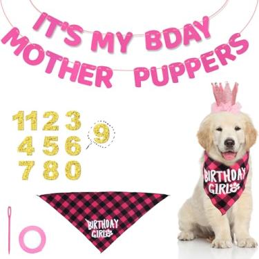 Imagem de Conjunto de decorações de festa de aniversário de cachorro rosa, kit de decoração de aniversário chapéu bandana faixa cachecol placa suprimentos de festa para filhotes, animais de estimação, cães