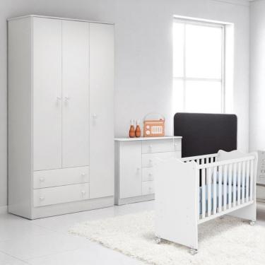 Imagem de Conjunto Infantil Doce Sonho Branco Berço Doce Sonho + Kit Rodízios + Cômoda Doce Sonho + Guarda-roupa Doce Sonho