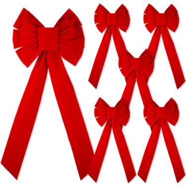 Imagem de 6 peças grandes laços de veludo de Natal 89 x 45 cm, decoração de árvore de Natal, grande laço de veludo, grinalda de Natal, enfeites de férias para casa, interior, exterior, porta, cerca, escadas