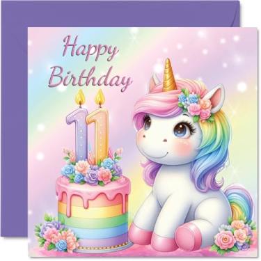 Imagem de Stuff4 Cartões de aniversário de 11 anos para meninas - Bolo de unicórnio - Cartão de feliz aniversário para menina de 11 anos prima filha irmã afilhada, cartões comemorativos de aniversário de 14 cm