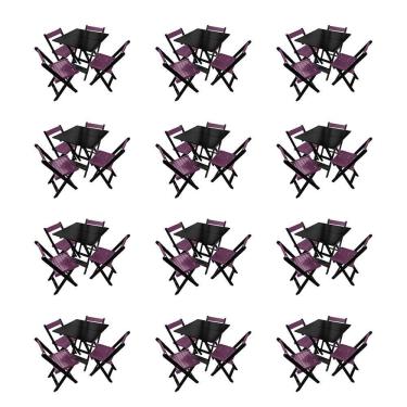 Imagem de Kit 12 Mesas De Madeira Dobrável Preto 70x70 Com 4 Cadeiras Dobráveis Roxo