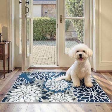 Imagem de Tapete de área 2x3 azul branco lavável pequeno tapete multicolorido tropical botânico moderno floral interior cozinha tapete de entrada antiderrapante para quarto sala de estar, varanda
