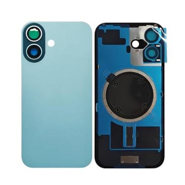 Imagem de 1 peça 2 em 1 tampa traseira de vidro de substituição para iPhone 16 capa de bateria painel de porta de vidro com furo grande peça de substituição com peças pequenas placa de metal magnética (verde)