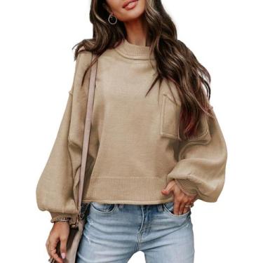 Imagem de Suéter feminino EVALESS, manga lanterna de inverno, bainha canelada