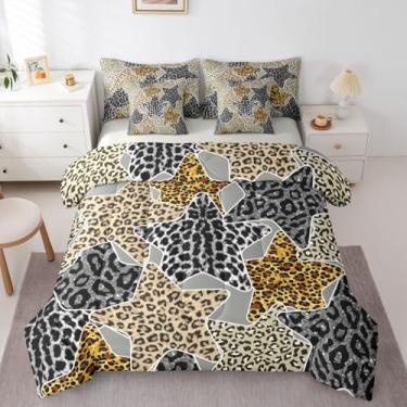 Imagem de Erosebridal Jogo de cama Queen com estampa de leopardo e estampa de estrelas, animais de safári, retrô, rústico, em uma bolsa, estampa de pele de animal africano, para adolescentes, homens e mulheres