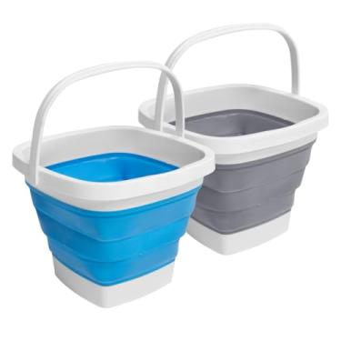 Imagem de Pacote com 2 baldes dobráveis de plástico com alça de 3 litros. Cada banheira retangular dobrável para limpeza de acampamento, essencial para economia de espaço, balde portátil para acampamento