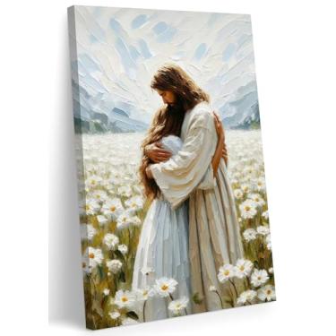 Imagem de FWAHREN Arte de parede em tela de Jesus Cristão, Embracing Woman Daisy Field, Pintura Religiosa, Quadro Bíblico Embracing, Poster para Igreja, Sala de Oração, Escritório em Casa, Tela Embrulhada 40 x