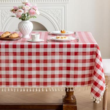 Imagem de NALVXIN Toalha de mesa quadriculada retangular de algodão e linho, toalha de mesa com borla, lavável, sem rugas, capa de mesa xadrez búfalo resistente para jantar/festa/piquenique (vermelha, 139,7 cm