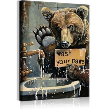 Imagem de Arte de parede de urso de casa de banho decoração de parede animal engraçado Wash Your Paws desenho imagem estilo rústico impressão de pôster presente ideal para amantes de animais adequado para sala