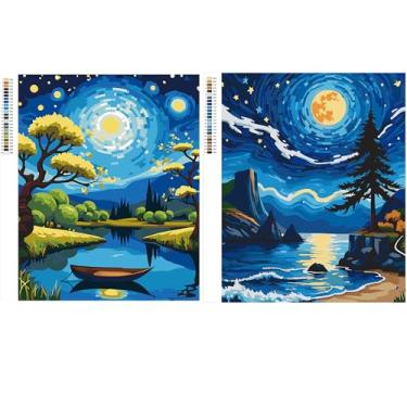 Imagem de Huacan Kits de pintura por números para adultos, iniciantes, 2 peças sem moldura, faça você mesmo, desenho de paisagem em tela, céu estrelado, kit de pintura acrílica feito à mão com 8 pincéis 40,6 x