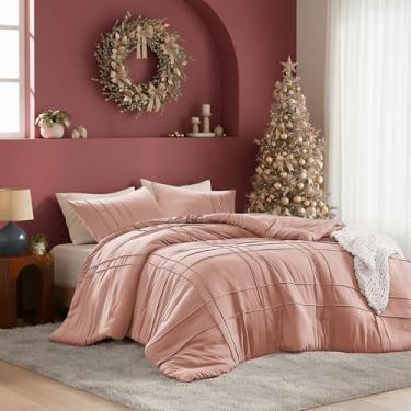 Imagem de Conjunto de edredom queen com pregas de beliscar – jogo de cama de 3 peças com padrão quadriculado – microfibra pré-lavada, leve e fofo, tamanho queen rosa, quente para todas as estações – Inclui 2