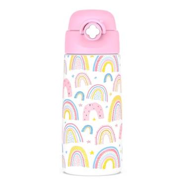 Imagem de Ntswasd Garrafa de água isolada para meninas com canudo pop-up coberto, copos infantis de 473 ml com aço inoxidável à prova de vazamento para escola (arco-íris-rosa)