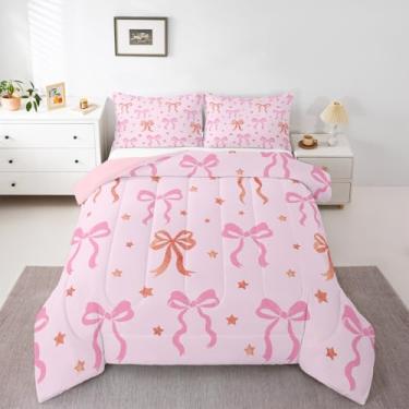 Imagem de jejeloiu Conjunto de edredom com laço rosa, solteiro, para meninas, meninos, meninas, fofo, edredom kawaii, estilo princesa sonhadora, microfibra, 2 peças com 1 fronha