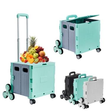 Imagem de Carrinho utilitário dobrável, carrinhos de compras dobráveis, carrinho dobrável com rodas de escalada de escadas, carrinho de compras de 8 rodas, caixa dobrável com alça telescópica (verde, 38 x 30 cm