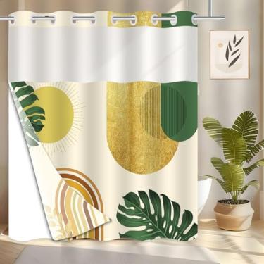 Imagem de Conjunto de cortina de chuveiro e forro sem gancho, decoração minimalista boho, amarelo moderno de meados do século, cortina de chuveiro com janela e forro branco removível, 180 x 188 cm