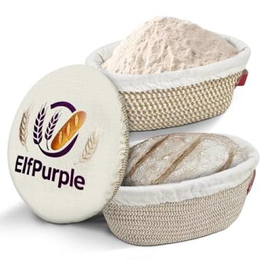 Imagem de Conjunto de 3 cestas Banneton de 23 cm, cesta Banneton à prova de pão – conjunto de cestas Banneton de 23 cm, forro e tampa de cestas de corda de cânhamo feitas à mão