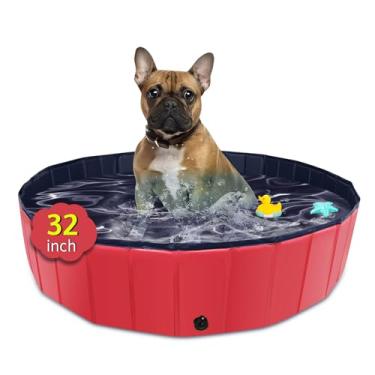 Imagem de CACSPS Piscina dobrável para cães, 81 x 20 cm, com plástico rígido, banheira antiderrapante para quintal ao ar livre, piscina dobrável para cães e animais de estimação (vermelha)