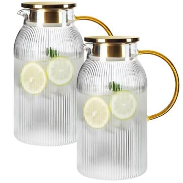 Imagem de Jarra de vidro de 1,8 l com tampa, conjunto de 2, jarra de borossilicato, resistente ao calor, listras verticais, água, chá gelado, suco, café, leite, limonada, bebida fria, servidor de bebidas na