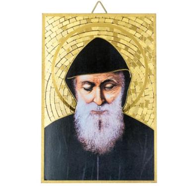 Imagem de VILLAGE GIFT IMPORTERS Placa de parede Saint Charbel | 15 cm dourado | Ícone católico de santo maronita para milagres e cura | Arte de oração católica