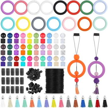 Imagem de LUMINFLY Kit de artesanato de 15 anéis de contas de silicone, laços de silicone de 65 mm, conjunto de pingente DIY com miçangas, borlas de chaveiro, cordão e fechos para fabricação de joias