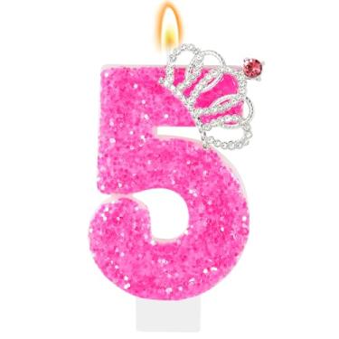 Imagem de IDIJOLI Vela de aniversário rosa choque coroa número 5 vela 5º aniversário topo de bolo decoração de cupcake decoração de festa temática princesa para meninas e mulheres, suprimentos para comemorações