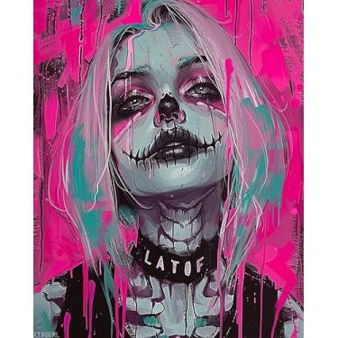 Imagem de XTXGERL Decorações cor-de-rosa pintura DIY por números para adultos iniciantes, boca dividida mulher palhaço pintura por número em tela fácil de pintar para iniciantes, grafite exclusivo sem moldura