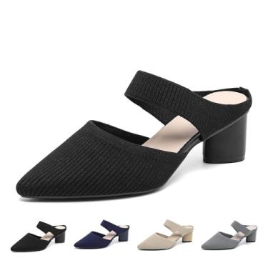 Imagem de Sandália feminina de malha bico fino salto grosso moda malha respirável bico fechado frente única salto bloco slip on elegante verão casual trabalho escritório casamento sandálias de salto, Preto, 40