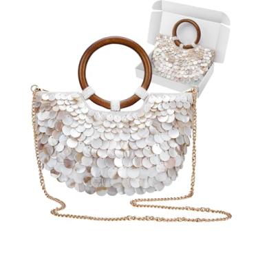 Imagem de Bolsa clutch feminina com contas de luxo feita à mão com alça superior para praia à noite para férias de verão, A, 9.45 x 1.97 x 7.09 inches